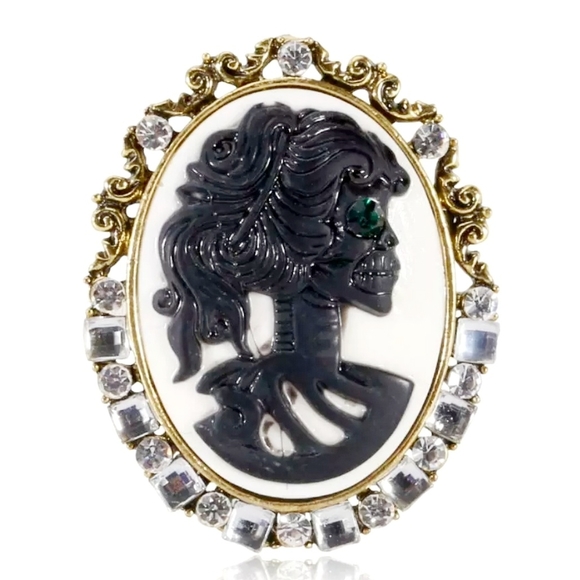 Gold plated green and white crystal cameo skull woman necklace/brooch - Picture 5 of 16